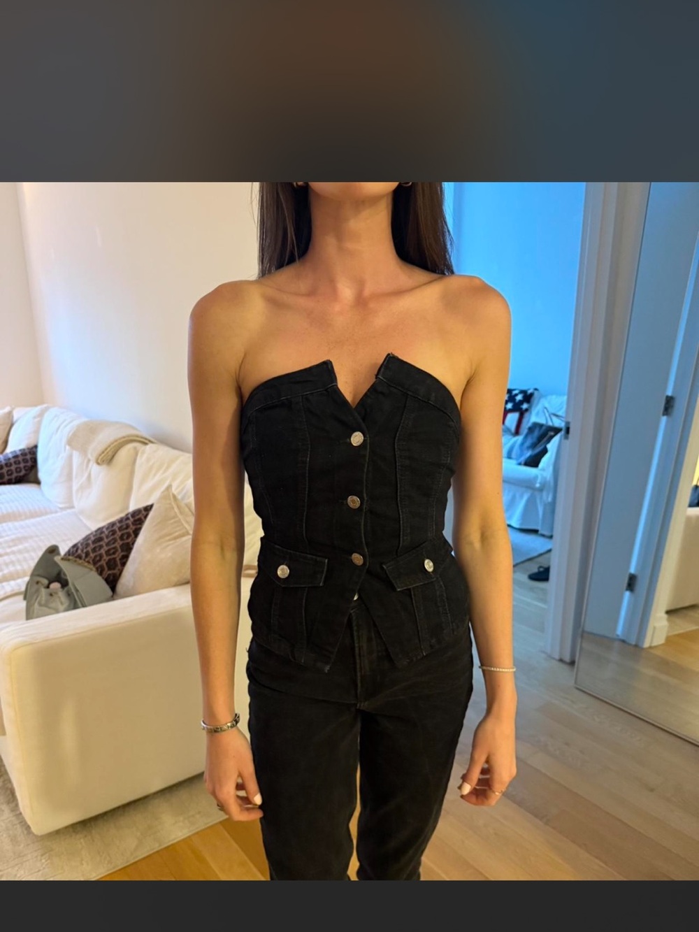 Zara Black Strapless Denim Button-Front Bustier